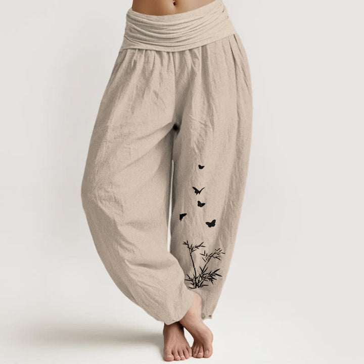 Buddha Stones Harembroek voor dames met elastische Taille en vlinder- en bamboebladpatroon , 100% Cotton. - Bruinen - US16, UK/AU20, EU48 (3XL) - image 14