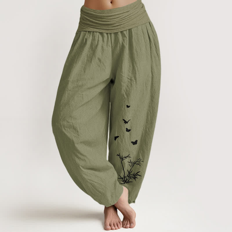 Buddha Stones Harembroek voor dames met elastische Taille en vlinder- en bamboebladpatroon , 100% Cotton. - Olijfgroen - US16, UK/AU20, EU48 (3XL) - image 8