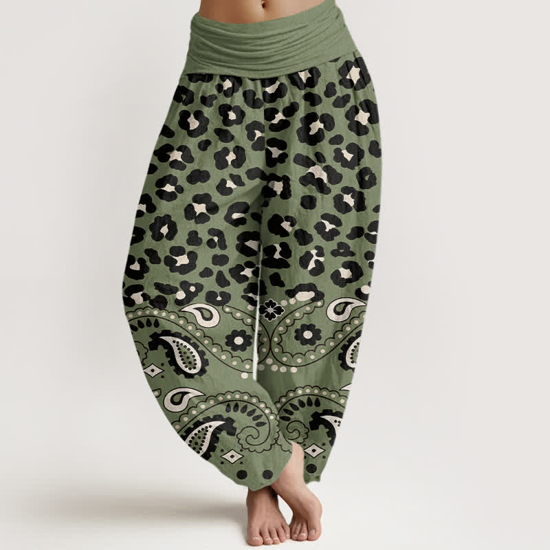 Buddha Stones Dames harembroek met elastische Taille , gemaakt van katoen in olijfgroen met luipaard- en paisleyprint. - Olijfgroen - US16, UK/AU20, EU48 (3XL) - image 0