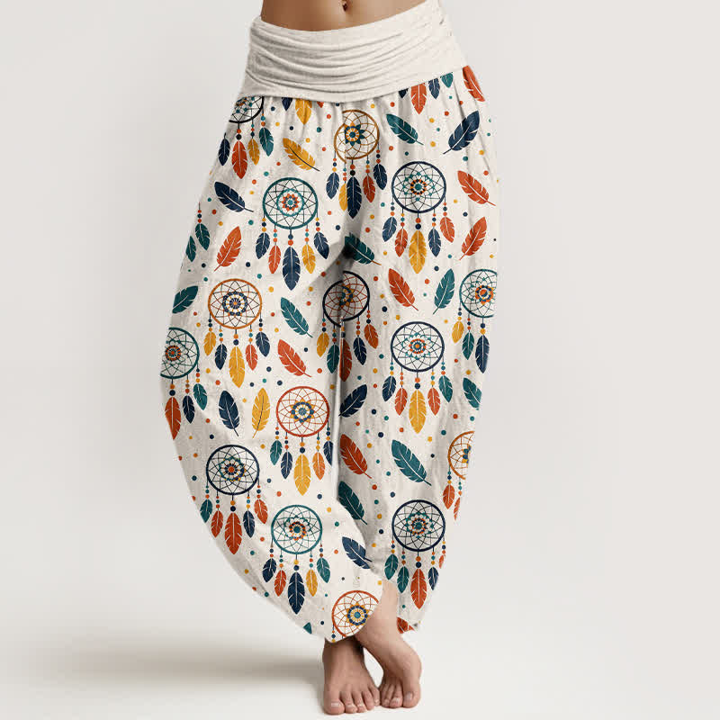 Buddha Stones Dames harembroek met elastische Taille en dromenvanger- en verenpatroon - Wit - US16, UK/AU20, EU48 (3XL) - image 0