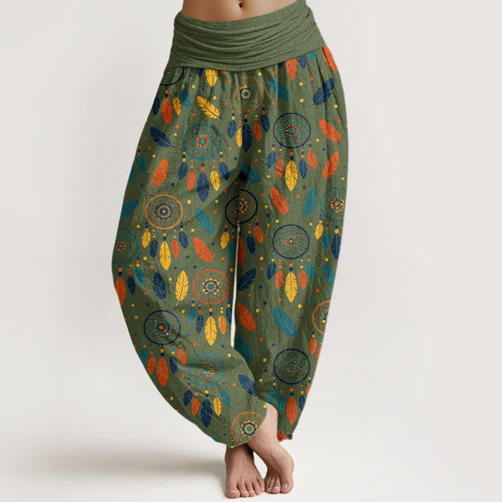 Buddha Stones Dames harembroek met elastische Taille en dromenvanger- en verenpatroon - Olijfgroen - US16, UK/AU20, EU48 (3XL) - image 5