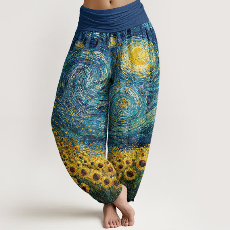 Buddha Stones Dames harembroek met elastische Taille en sterrenhemelmotief, bedrukt met zonnebloemen - Koningsblauw - US16, UK/AU20, EU48 (3XL) - image 0