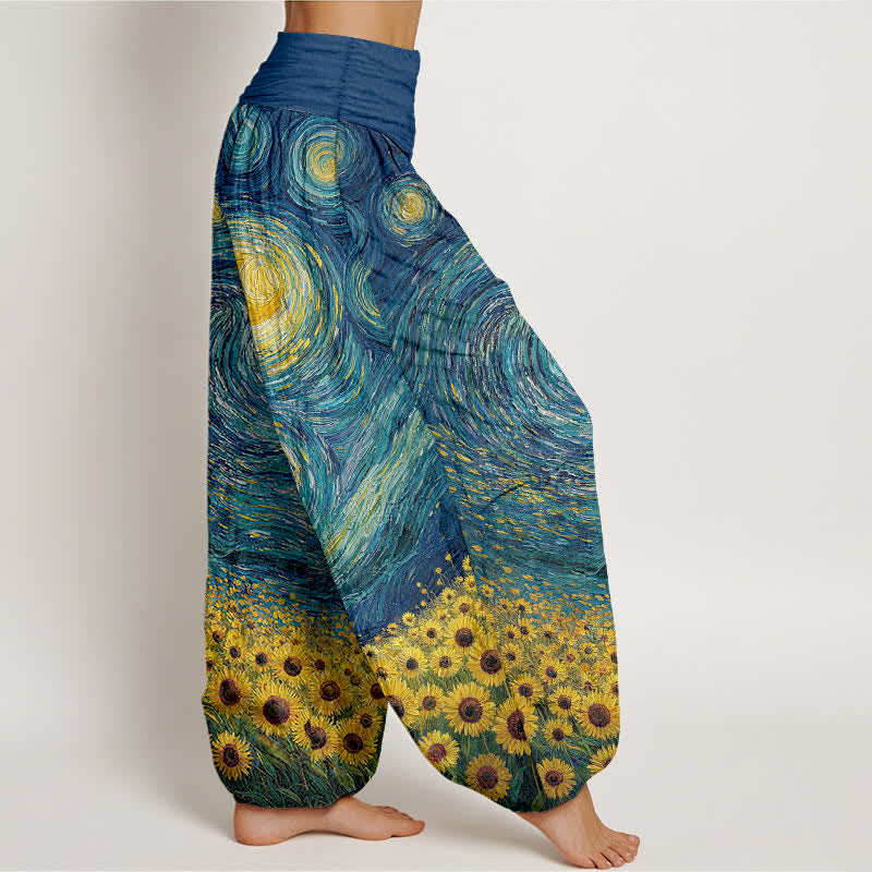 Buddha Stones Dames harembroek met elastische Taille en sterrenhemelmotief, bedrukt met zonnebloemen - image 1