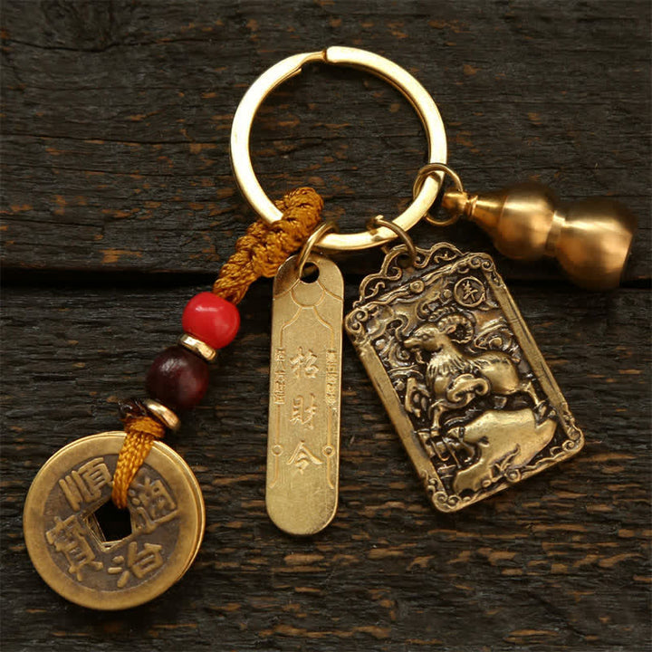 Buddha Stones Koperen Chinese dierenriemmunten met de vijf keizers, Sleutelhangers in de vorm van een kalebas. - Geit - image 0