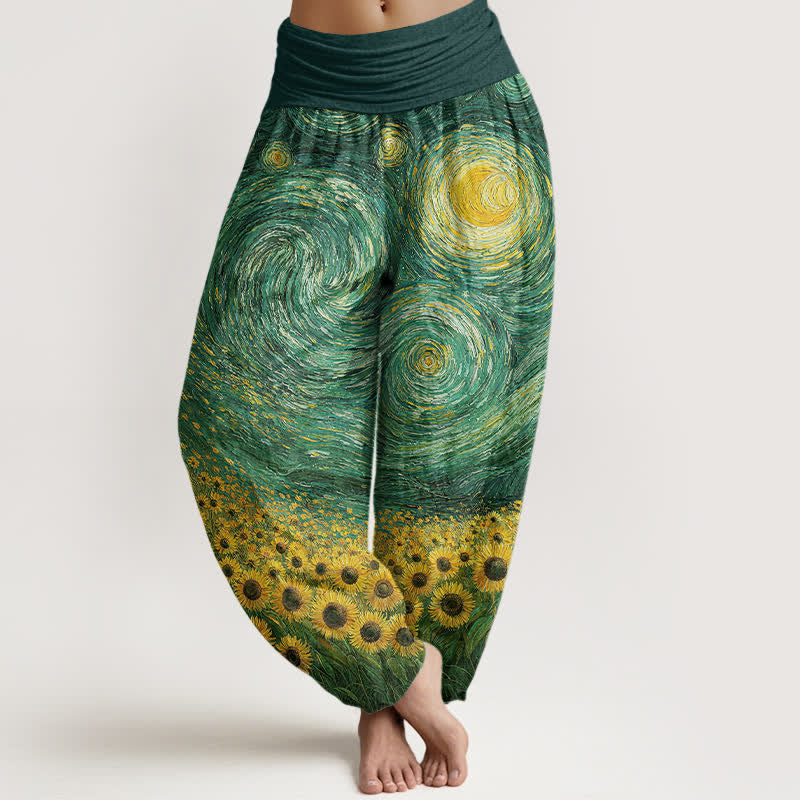 Buddha Stones Dames harembroek met elastische Taille en sterrenhemelmotief, bedrukt met zonnebloemen - Zeegroen - US16, UK/AU20, EU48 (3XL) - image 5