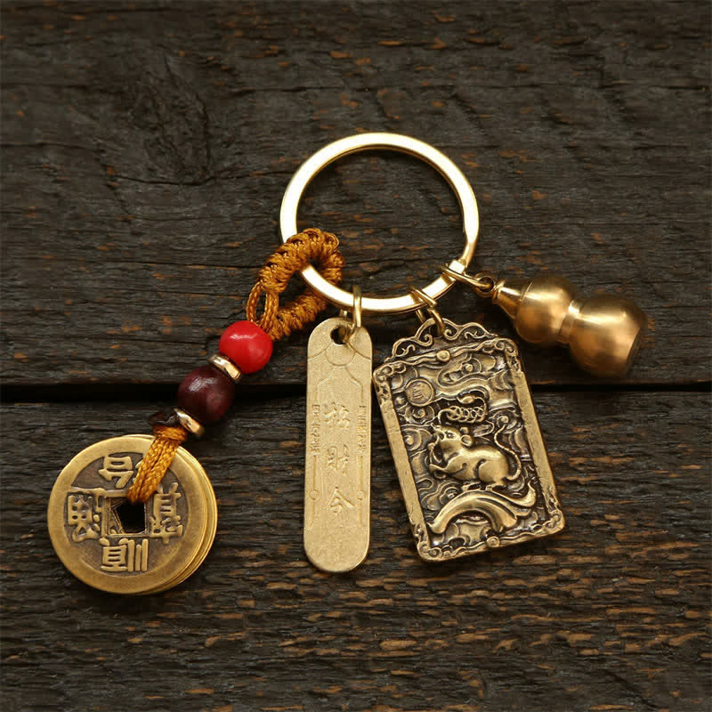 Buddha Stones Koperen Chinese dierenriemmunten met de vijf keizers, Sleutelhangers in de vorm van een kalebas. - Rat - image 1