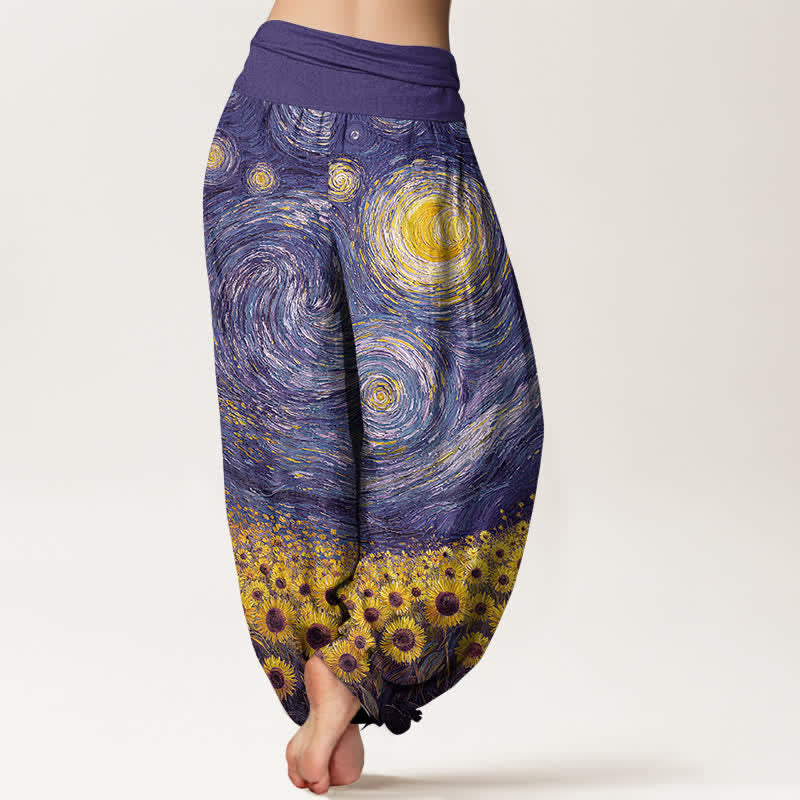 Buddha Stones Dames harembroek met elastische Taille en sterrenhemelmotief, bedrukt met zonnebloemen - image 10