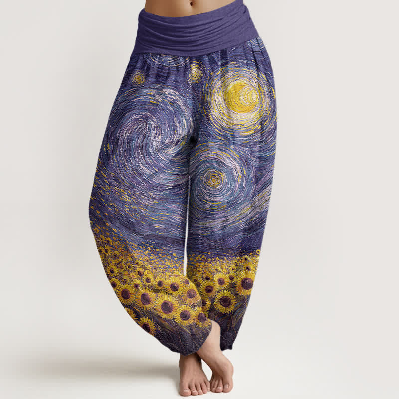 Buddha Stones Dames harembroek met elastische Taille en sterrenhemelmotief, bedrukt met zonnebloemen - Blauwviolet - US16, UK/AU20, EU48 (3XL) - image 8
