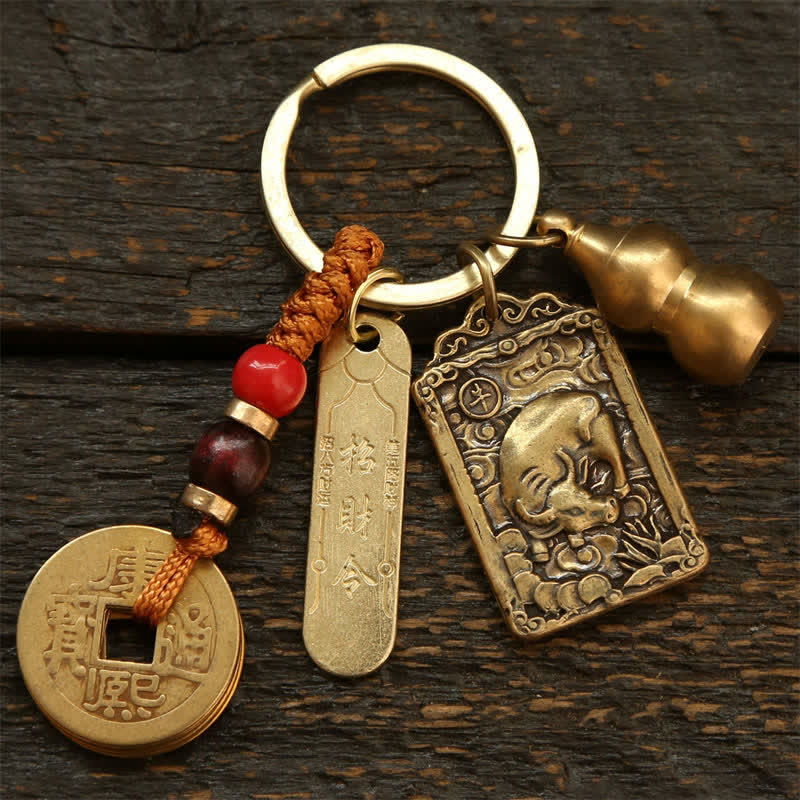 Buddha Stones Koperen Chinese dierenriemmunten met de vijf keizers, Sleutelhangers in de vorm van een kalebas. - Os - image 2