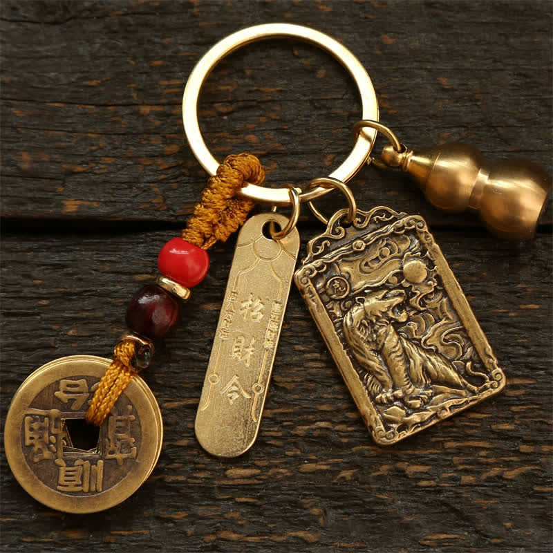 Buddha Stones Koperen Chinese dierenriemmunten met de vijf keizers, Sleutelhangers in de vorm van een kalebas. - Tijger - image 3