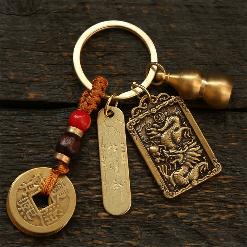 Buddha Stones Koperen Chinese dierenriemmunten met de vijf keizers, Sleutelhangers in de vorm van een kalebas. - Draak - image 10