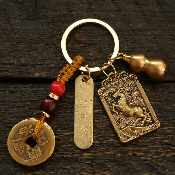 Buddha Stones Koperen Chinese dierenriemmunten met de vijf keizers, Sleutelhangers in de vorm van een kalebas. - Paard - image 13