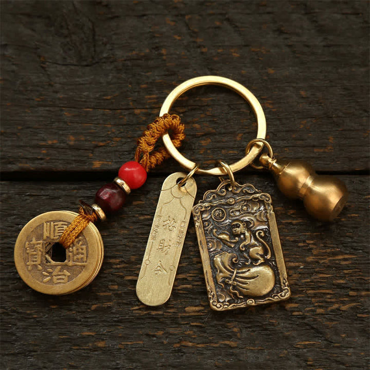 Buddha Stones Koperen Chinese dierenriemmunten met de vijf keizers, Sleutelhangers in de vorm van een kalebas. - Aap - image 17