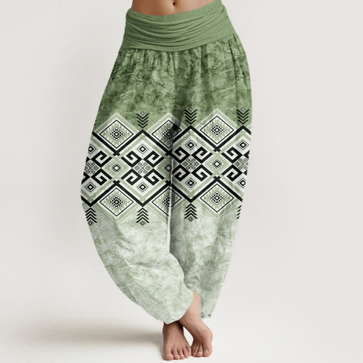 Buddha Stones Dames harembroek met elastische Taille en tribaal geometrisch patroon van katoen - Olijfgroen - US16, UK/AU20, EU48 (3XL) - image 0