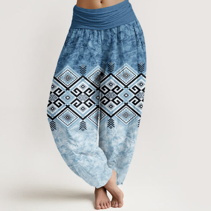 Buddha Stones Dames harembroek met elastische Taille en tribaal geometrisch patroon van katoen - Staalblauw - US16, UK/AU20, EU48 (3XL) - image 5