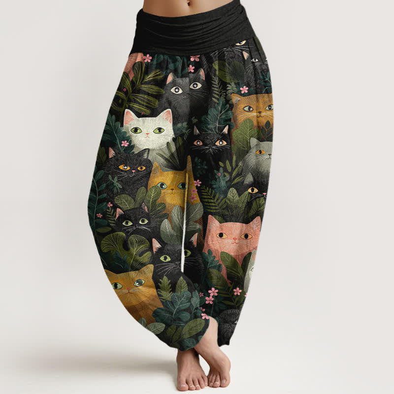 Buddha Stones Dames harembroek met elastische Taille en cartoon kattenbladpatroon - Zwart - US16, UK/AU20, EU48 (3XL) - image 0
