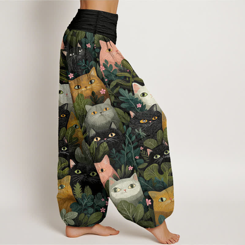 Buddha Stones Dames harembroek met elastische Taille en cartoon kattenbladpatroon - image 1