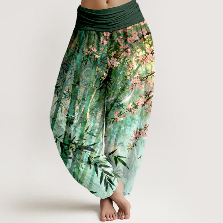 Buddha Stones Dames harembroek met elastische Taille en katoen-bamboeprint en kersenbloesemmotief. - Zeegroen - US16, UK/AU20, EU48 (3XL) - image 0