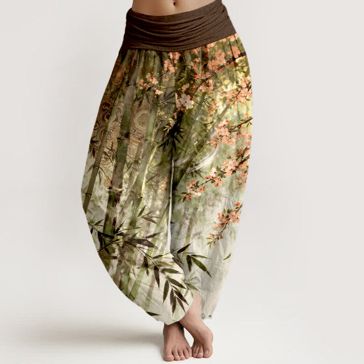 Buddha Stones Dames harembroek met elastische Taille en katoen-bamboeprint en kersenbloesemmotief. - Olijf - US16, UK/AU20, EU48 (3XL) - image 5