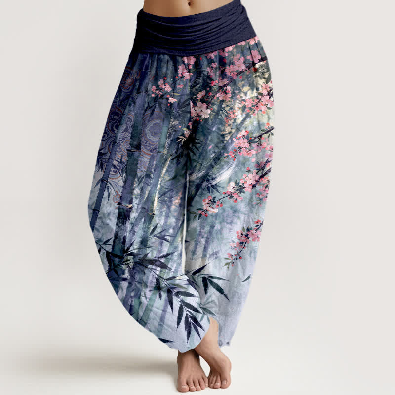 Buddha Stones Dames harembroek met elastische Taille en katoen-bamboeprint en kersenbloesemmotief. - Indigo - US16, UK/AU20, EU48 (3XL) - image 8