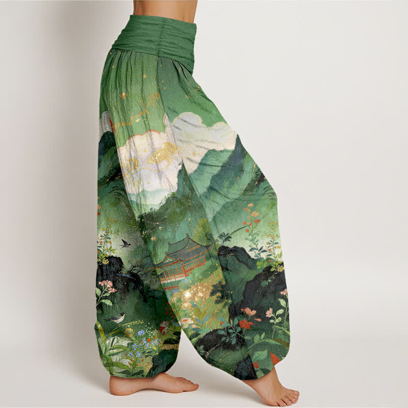 Buddha Stones Dames harembroek met elastische Taille en katoenen bergpaviljoenmotief en zonnepatroon - image 1