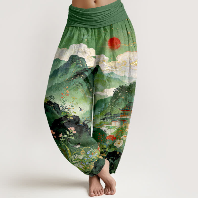 Buddha Stones Dames harembroek met elastische Taille en katoenen bergpaviljoenmotief en zonnepatroon - Zeegroen - US16, UK/AU20, EU48 (3XL) - image 0