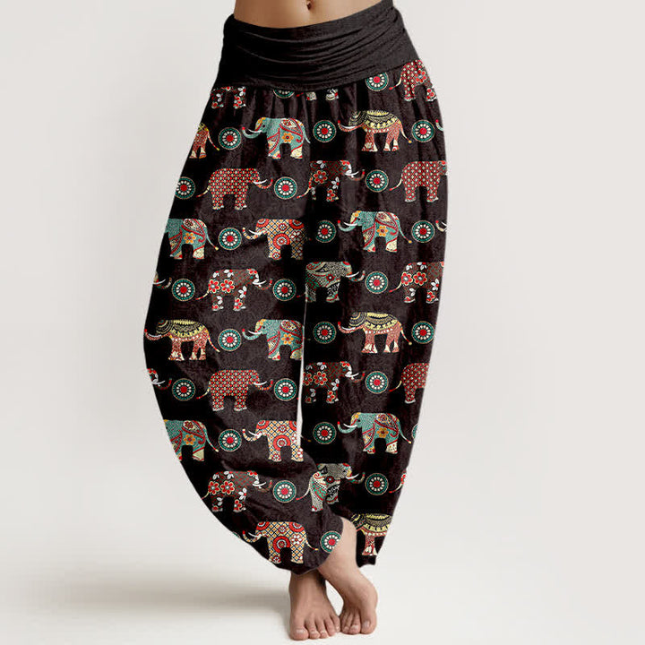 Buddha Stones Dames harembroek met elastische Taille en olifantenmandala-patroon van katoen - Zwart - US16, UK/AU20, EU48 (3XL) - image 0