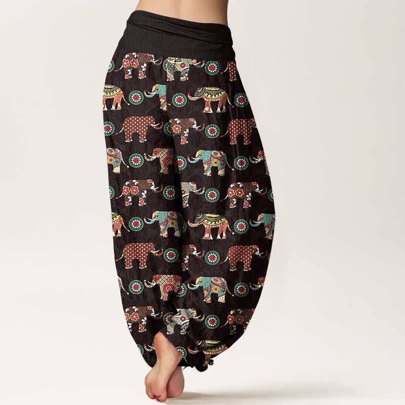 Buddha Stones Dames harembroek met elastische Taille en olifantenmandala-patroon van katoen - image 2