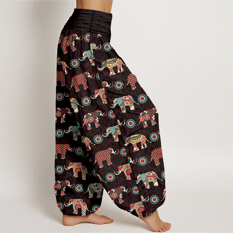 Buddha Stones Dames harembroek met elastische Taille en olifantenmandala-patroon van katoen - image 1