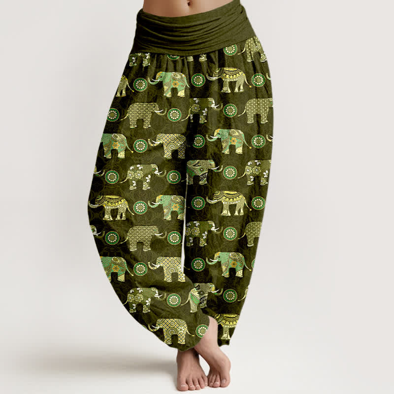 Buddha Stones Dames harembroek met elastische Taille en olifantenmandala-patroon van katoen - Donker olijfgroen - US16, UK/AU20, EU48 (3XL) - image 5