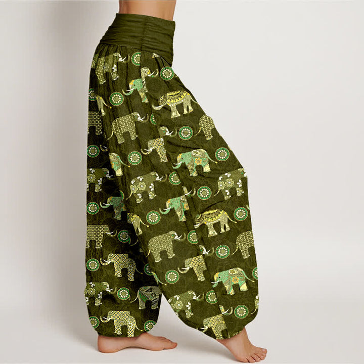 Buddha Stones Dames harembroek met elastische Taille en olifantenmandala-patroon van katoen - image 6