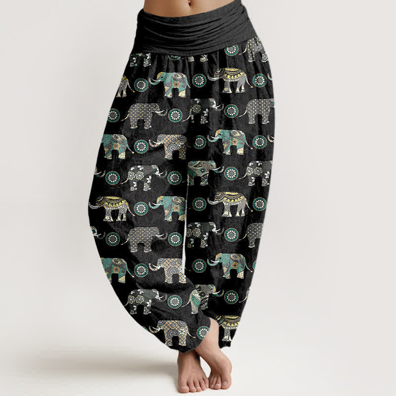 Buddha Stones Dames harembroek met elastische Taille en olifantenmandala-patroon van katoen - Leigrijs - US16, UK/AU20, EU48 (3XL) - image 8