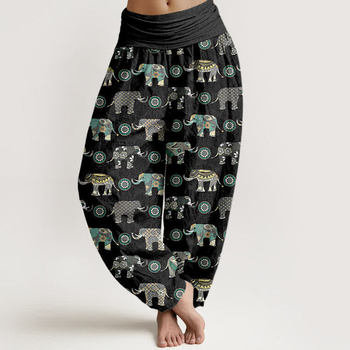 Buddha Stones Dames harembroek met elastische Taille en olifantenmandala-patroon van katoen - Leigrijs - US16, UK/AU20, EU48 (3XL) - image 8