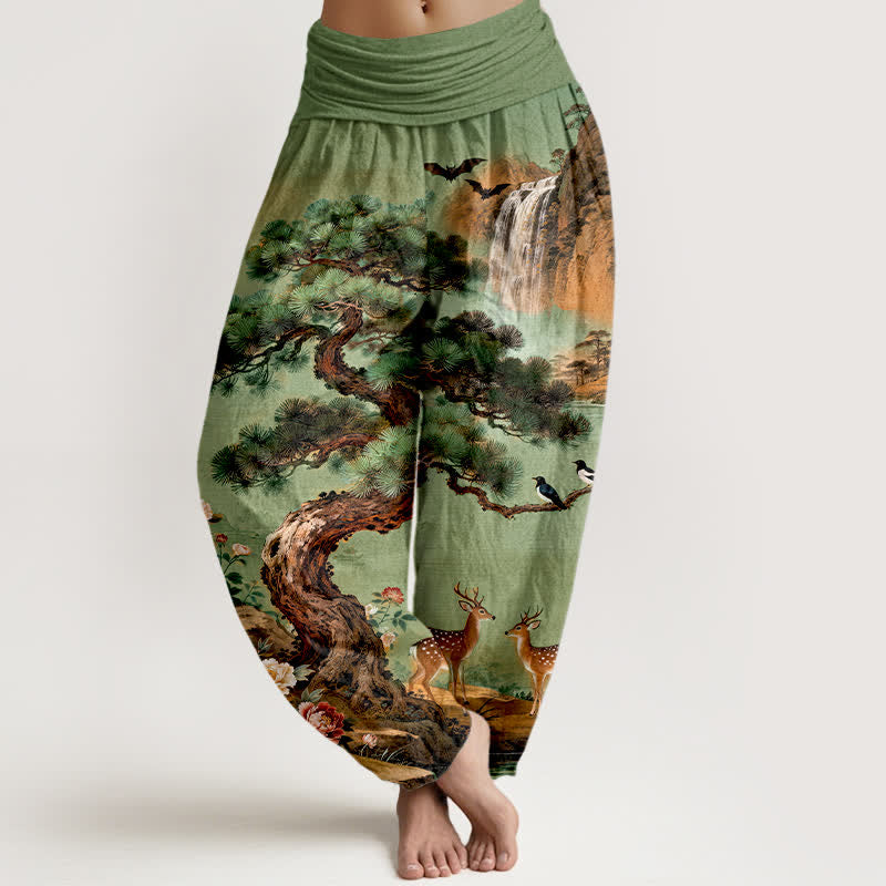 Buddha Stones Dames harembroek met elastische Taille en dennen- en hertenprint van Cotton Mountain - Zeegroen - US16, UK/AU20, EU48 (3XL) - image 0