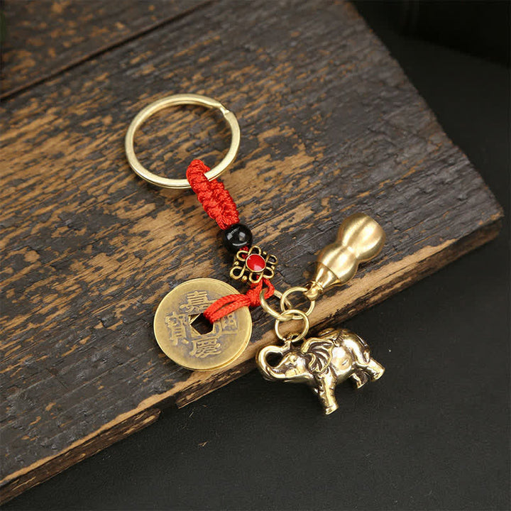 Buddha Stones Sleutelhangers met de wijsheid van Pi Xiu en een messing olifant, vijf keizermunten, kalebas. - Munten Kalebas - image 12