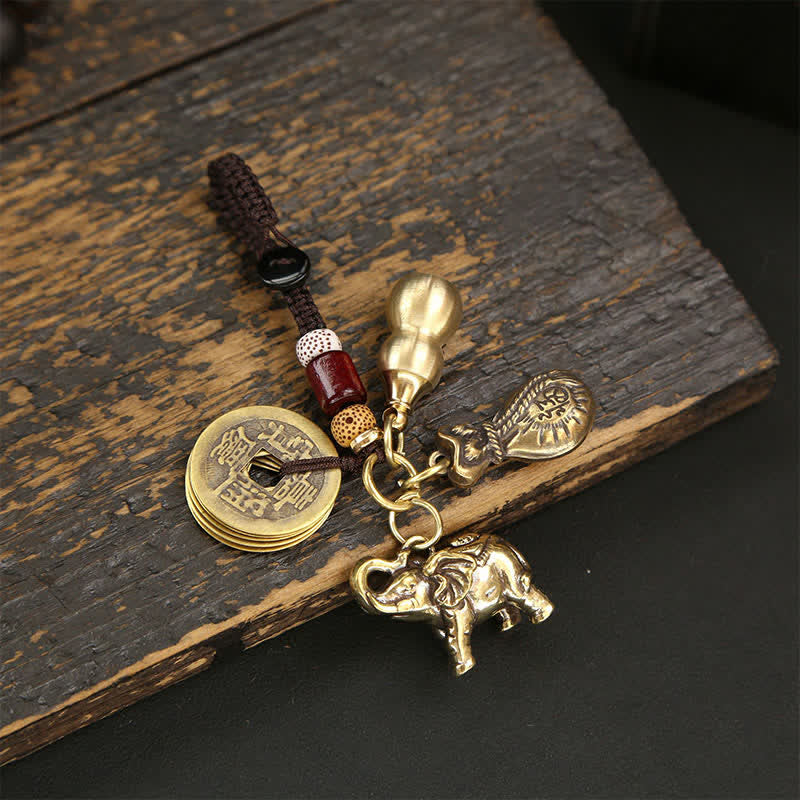 Buddha Stones Sleutelhangers met de wijsheid van Pi Xiu en een messing olifant, vijf keizermunten, kalebas. - Munten Geldzak Kalebas - image 1