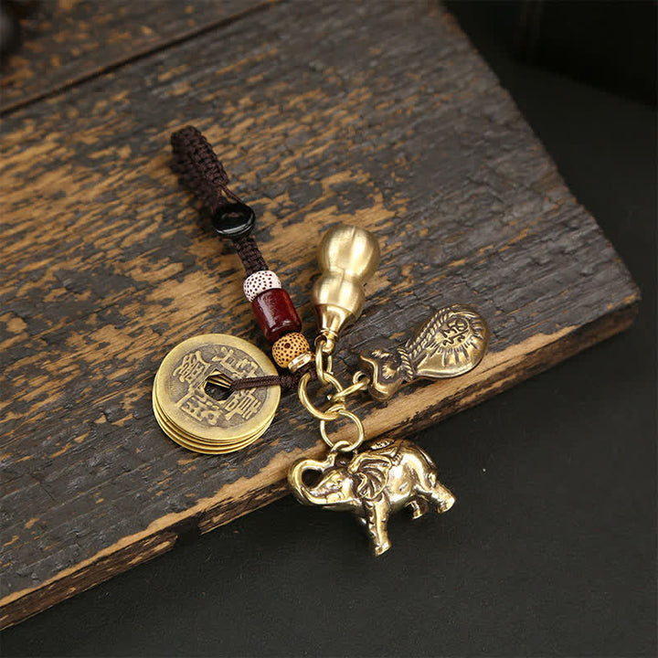 Buddha Stones Sleutelhangers met de wijsheid van Pi Xiu en een messing olifant, vijf keizermunten, kalebas. - Munten Geldzak Kalebas - image 1