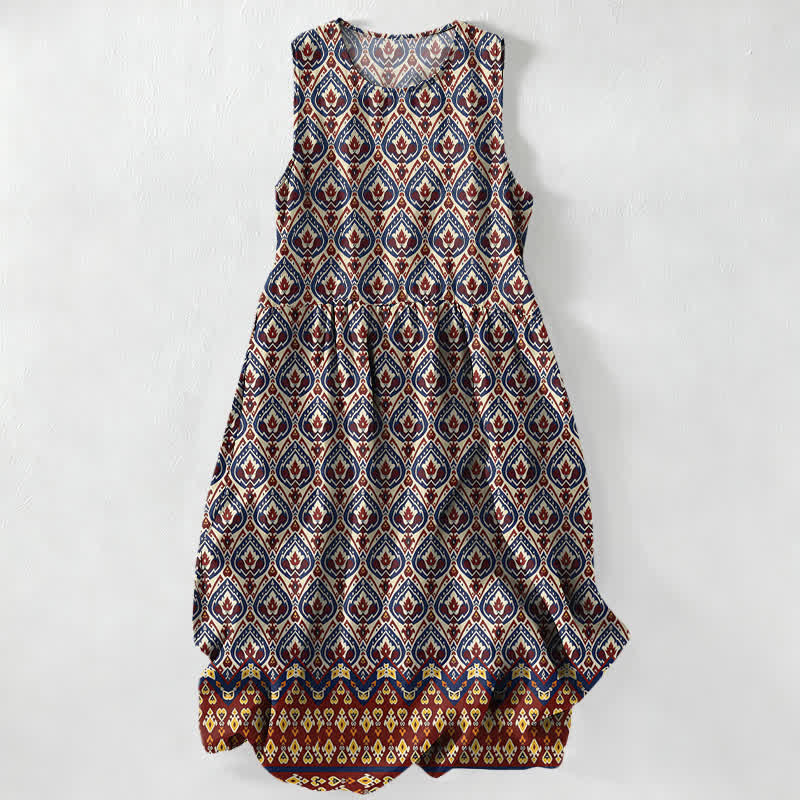 Buddha Stones Zomerse casual bohemian Midi -jurk met ikat- en geometrisch patroon, Mouwloos en met Zakken. - Donkerrood - US16, UK/AU20, EU48 (3XL) - image 0
