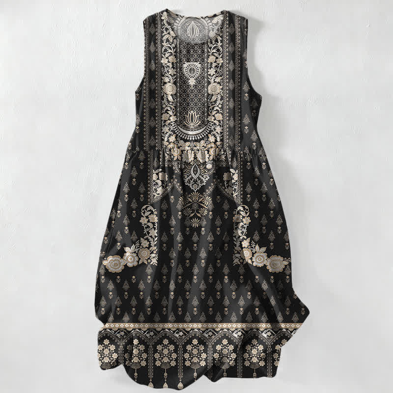 Buddha Stones Zomerse casual Midi -jurk met etnisch medaillonpatroon, Mouwloos en met Zakken voor dames. - Zwart - US16, UK/AU20, EU48 (3XL) - image 0