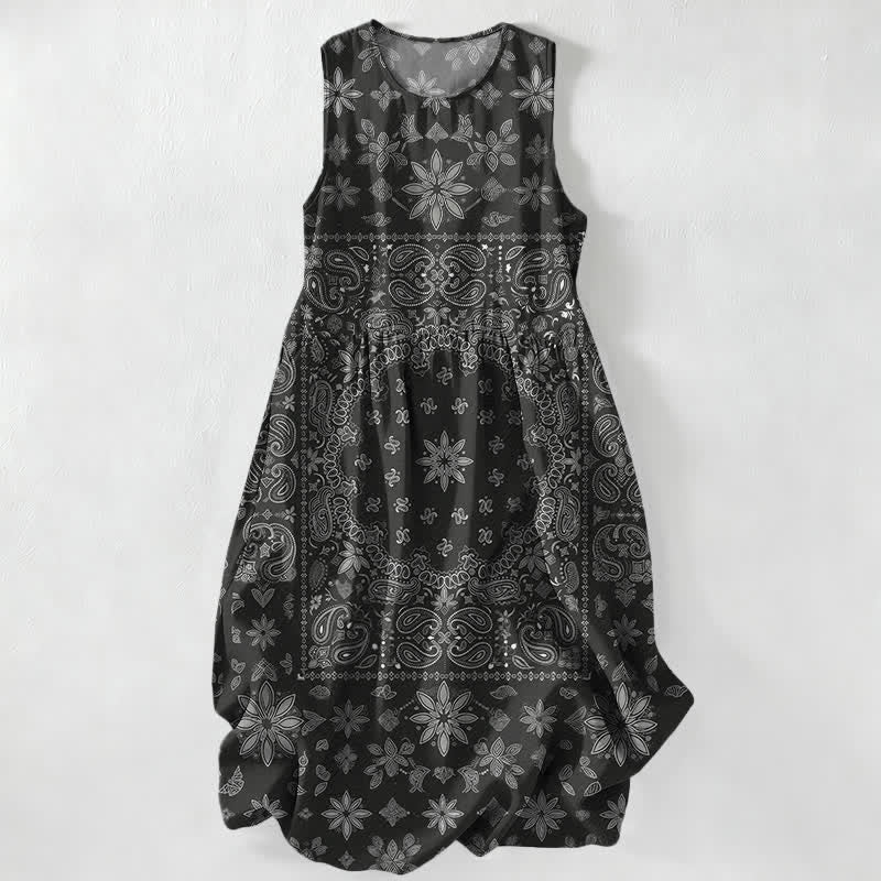Buddha Stones Zomerse casual bandana jurk met paisley bloemenpatroon, Mouwloos Midi -jurk voor dames met Zakken - Zwart - US16, UK/AU20, EU48 (3XL) - image 0