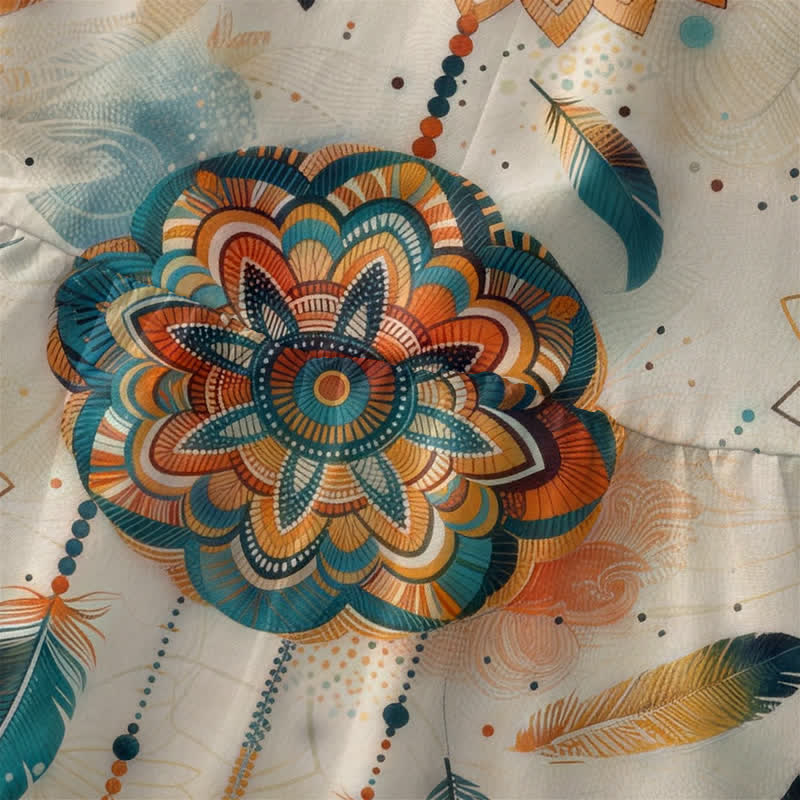 Buddha Stones Zomerse casual bohemian jurk met mandala- en verenpatroon , Mouwloos Midi -jurk voor dames met Zakken - image 1