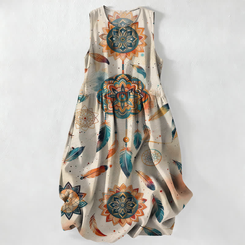 Buddha Stones Zomerse casual bohemian jurk met mandala- en verenpatroon , Mouwloos Midi -jurk voor dames met Zakken - Gainsboro - US16, UK/AU20, EU48 (3XL) - image 0