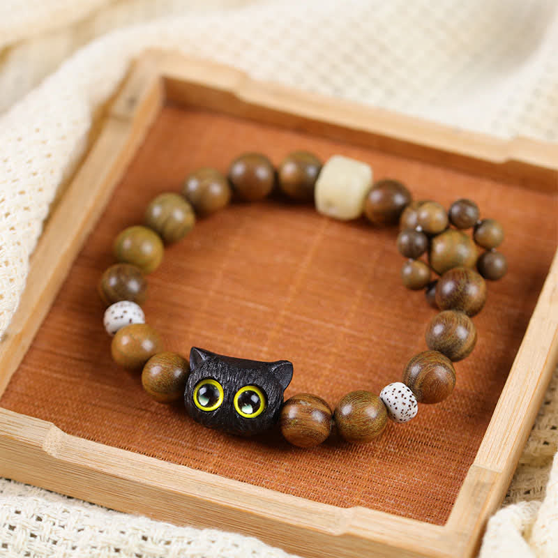 Buddha Stones Ebbenhouten gelukskat Armband met kralen - Zwarte gelukskat - image 0