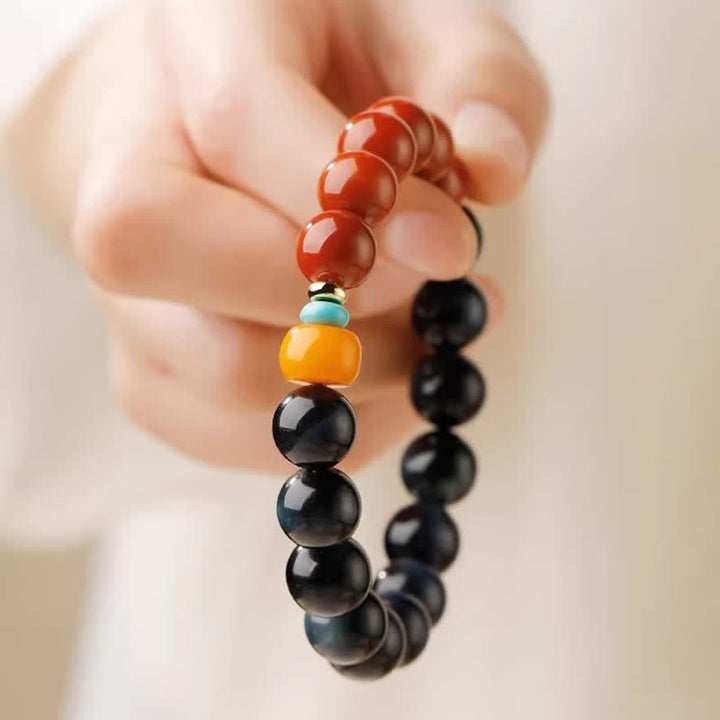 Buddha Stones Armband met ronde kralen van blauwe tijgeroog en Zuid-rode agaat. - image 9