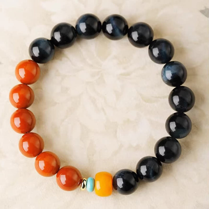 Buddha Stones Armband met ronde kralen van blauwe tijgeroog en Zuid-rode agaat. - image 3