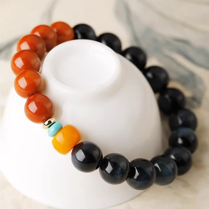 Buddha Stones Armband met ronde kralen van blauwe tijgeroog en Zuid-rode agaat. - image 2