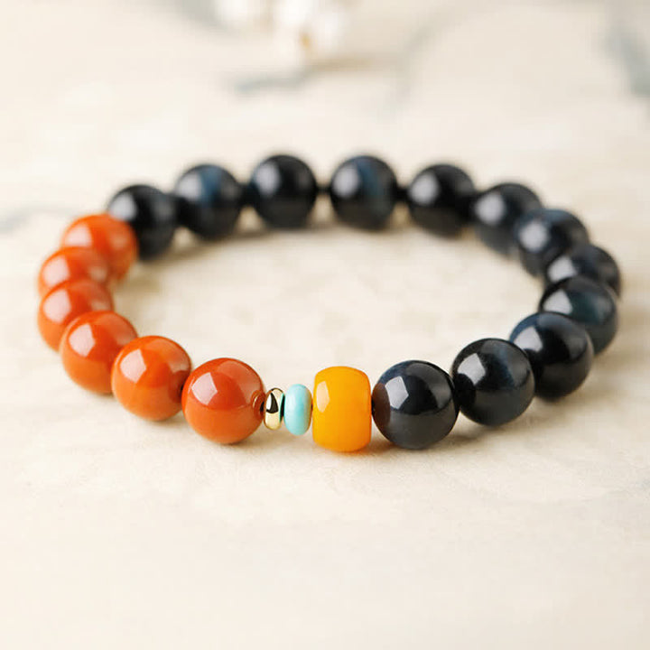 Buddha Stones Armband met ronde kralen van blauwe tijgeroog en Zuid-rode agaat. - Zuidrode agaat (geluk ♥ kracht) - image 0