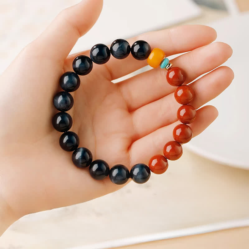 Buddha Stones Armband met ronde kralen van blauwe tijgeroog en Zuid-rode agaat. - image 8