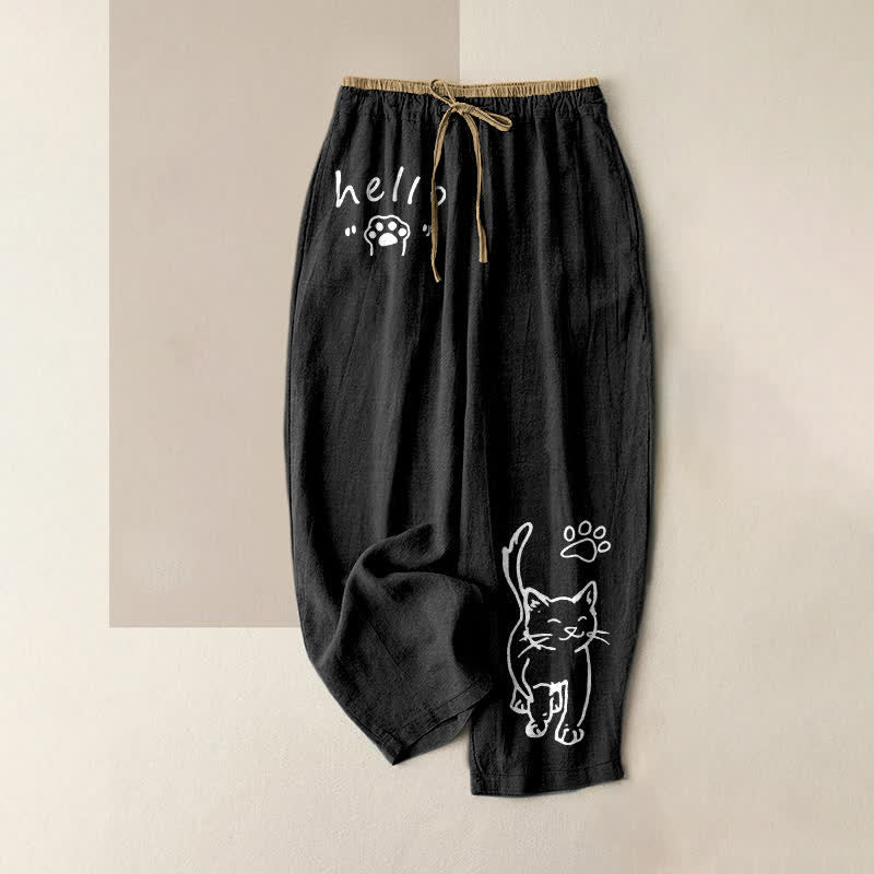 Buddha Stones Damesbroek van 100% Cotton met Hello Cat-pootjesprint, elastische Taille en Zakken. - Zwart - US16, UK/AU20, EU48 (3XL) - image 0