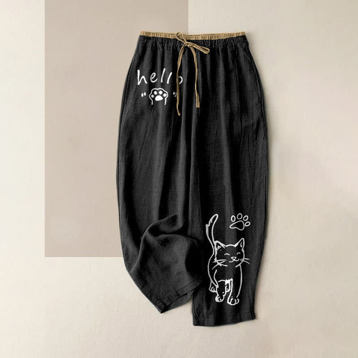 Buddha Stones Damesbroek van 100% Cotton met Hello Cat-pootjesprint, elastische Taille en Zakken. - Zwart - US16, UK/AU20, EU48 (3XL) - image 0